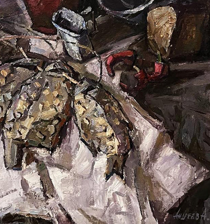 Oil painting Still life with dried fish Oleksandr Andreev