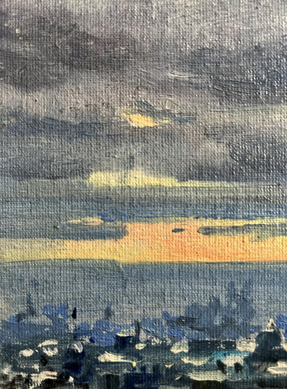 Oil painting Yellow sunset over the city Tatyana Derdey