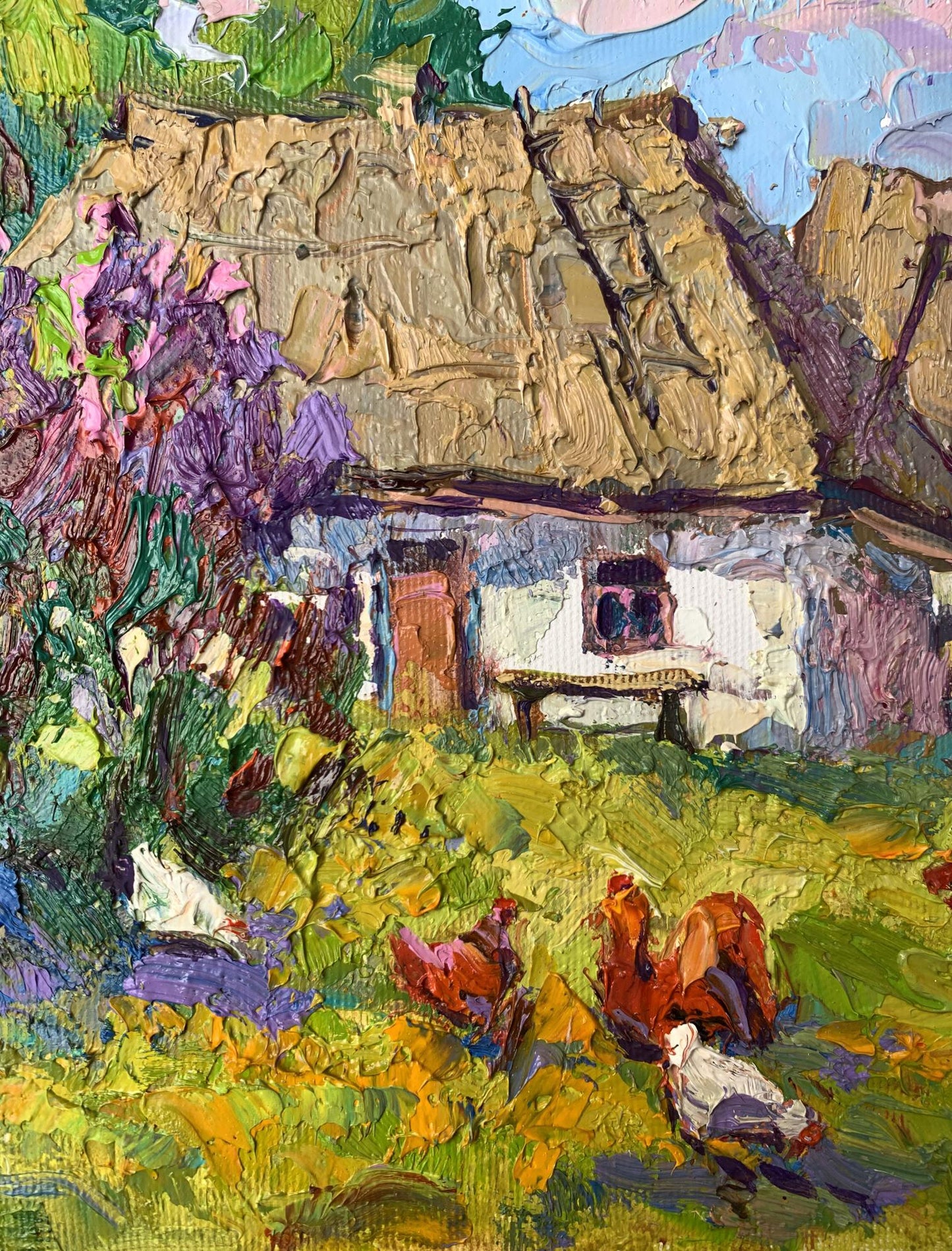 Oil painting Chickens grazing in the yard Oksana Ivanyuk