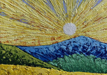 Oil painting Sunset rays over a mountain valley V. Zadorozhnya