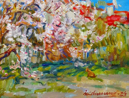 Oi painting Dog near a flowering tree Ivan Kovalenko