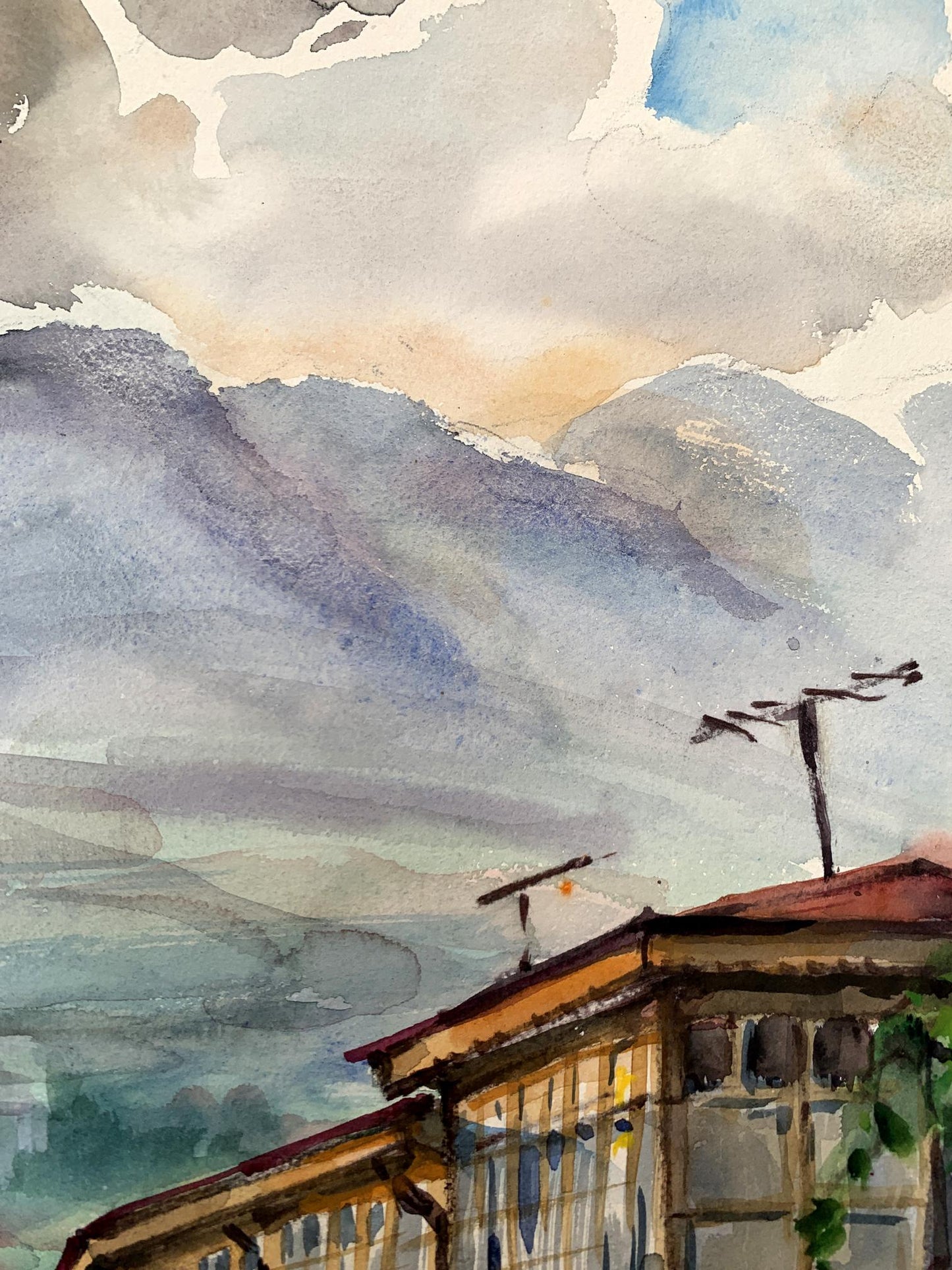 Watercolor painting Busy city street Unknown artist