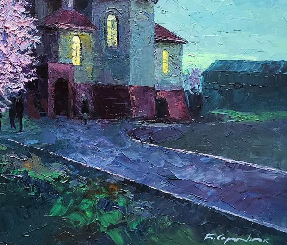 Oil painting April morning at the temple Boris Serdyuk