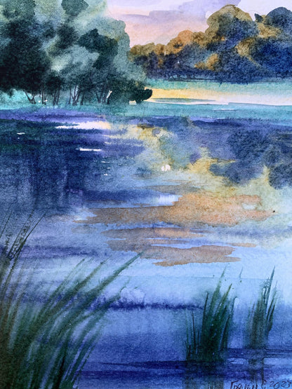 Watercolor painting Cool evening by the river Svetlana Gramm