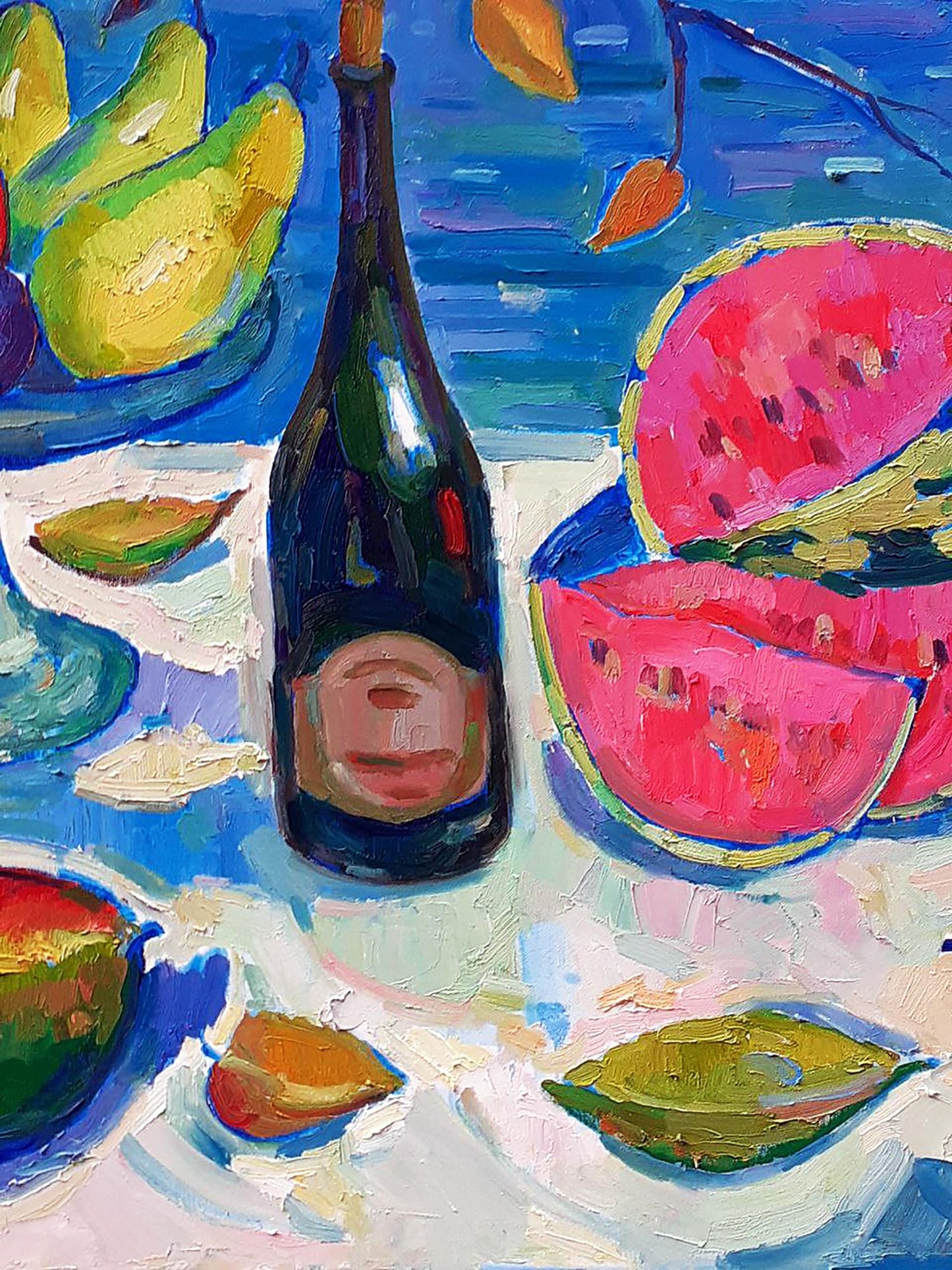 Oil painting Still life with watermelon and mango Peter Dobrev