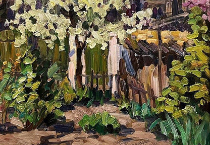 Oil painting Wild pear blossoms in the yard Petro Kolomoytsev