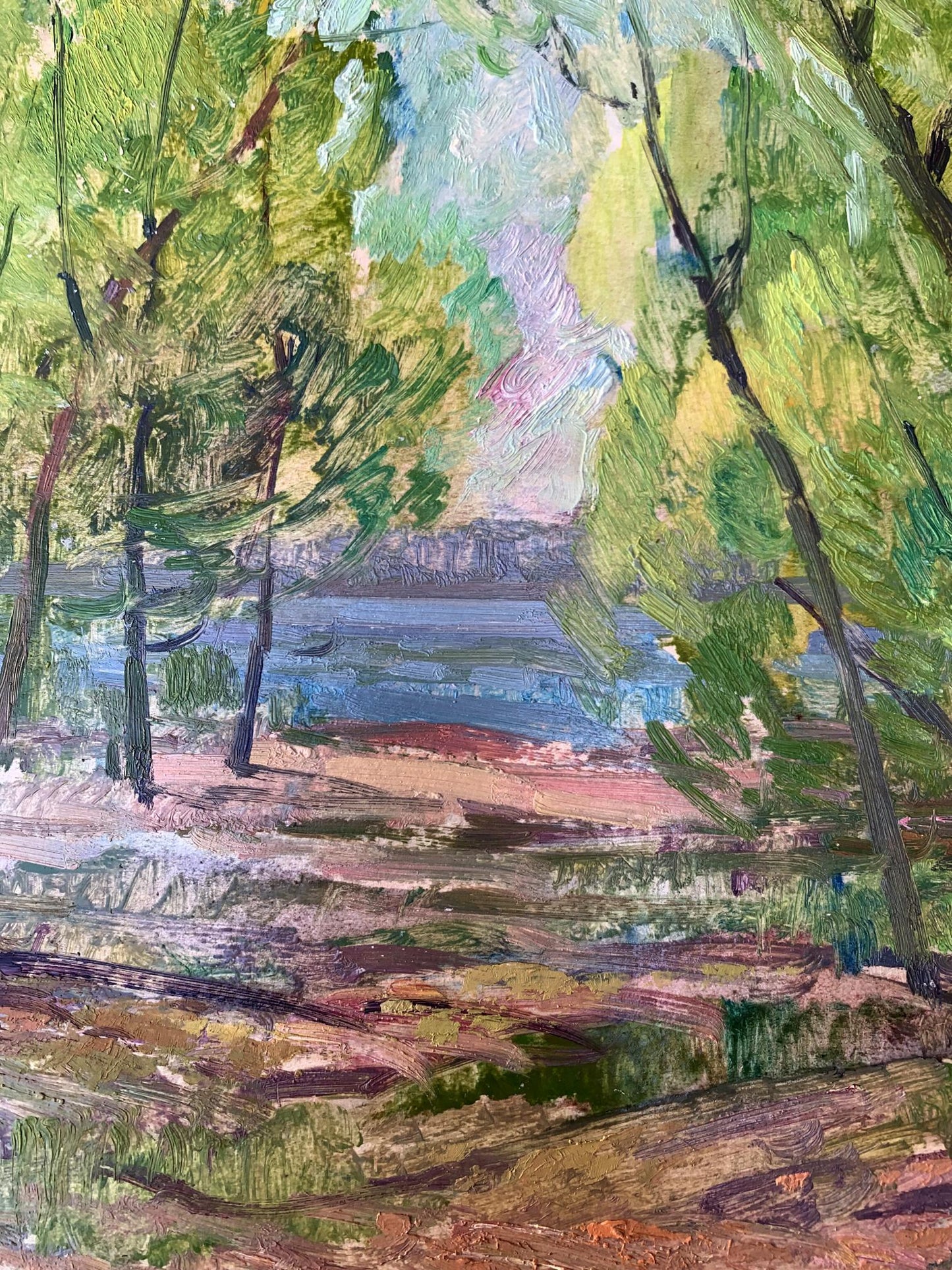 Oil painting Green trees by the river Peter Dobrev