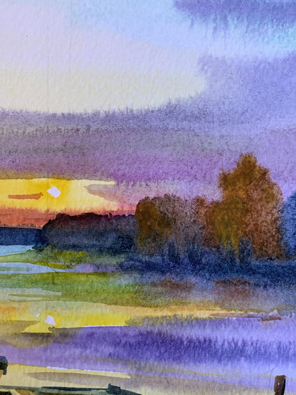 Watercolor painting Boats and sunset Svetlana Gramm