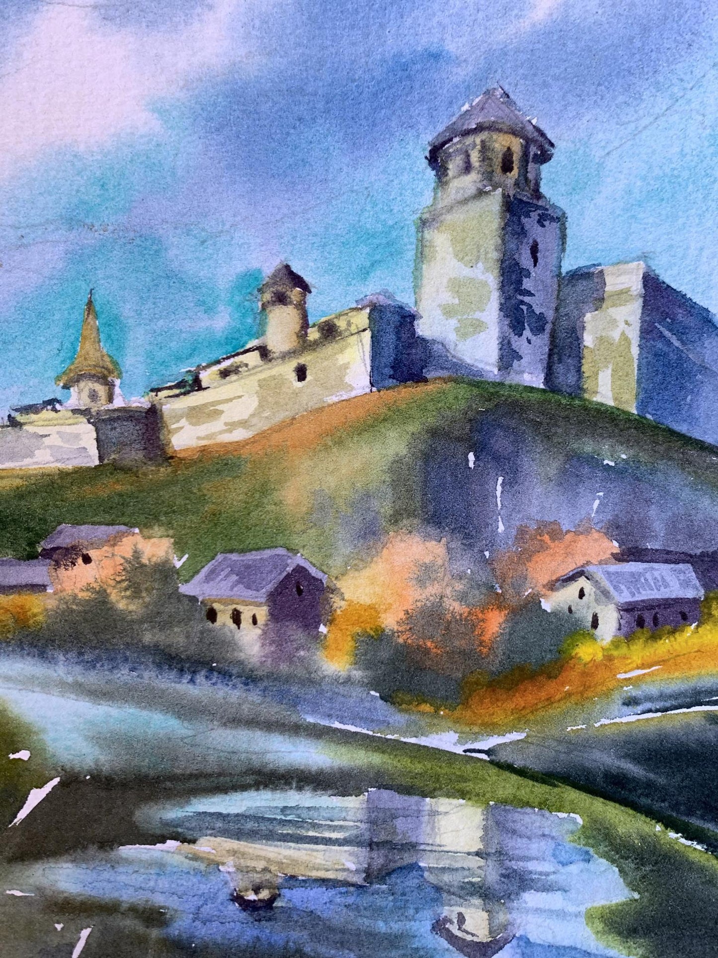 Watercolor painting Castle and village Svetlana Gramm