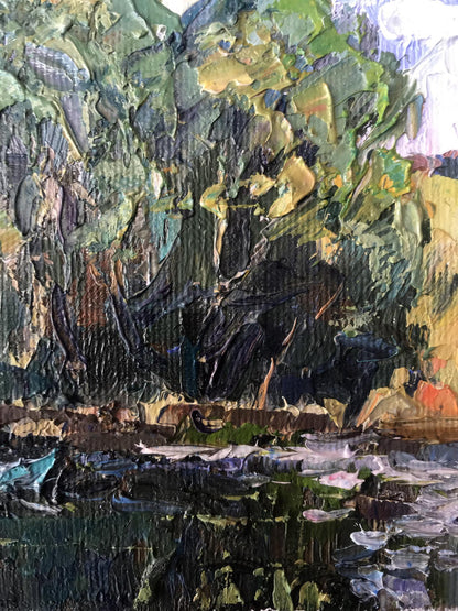 A secluded lake amidst the forest, as envisioned by Oksana Ivanyuk in oil