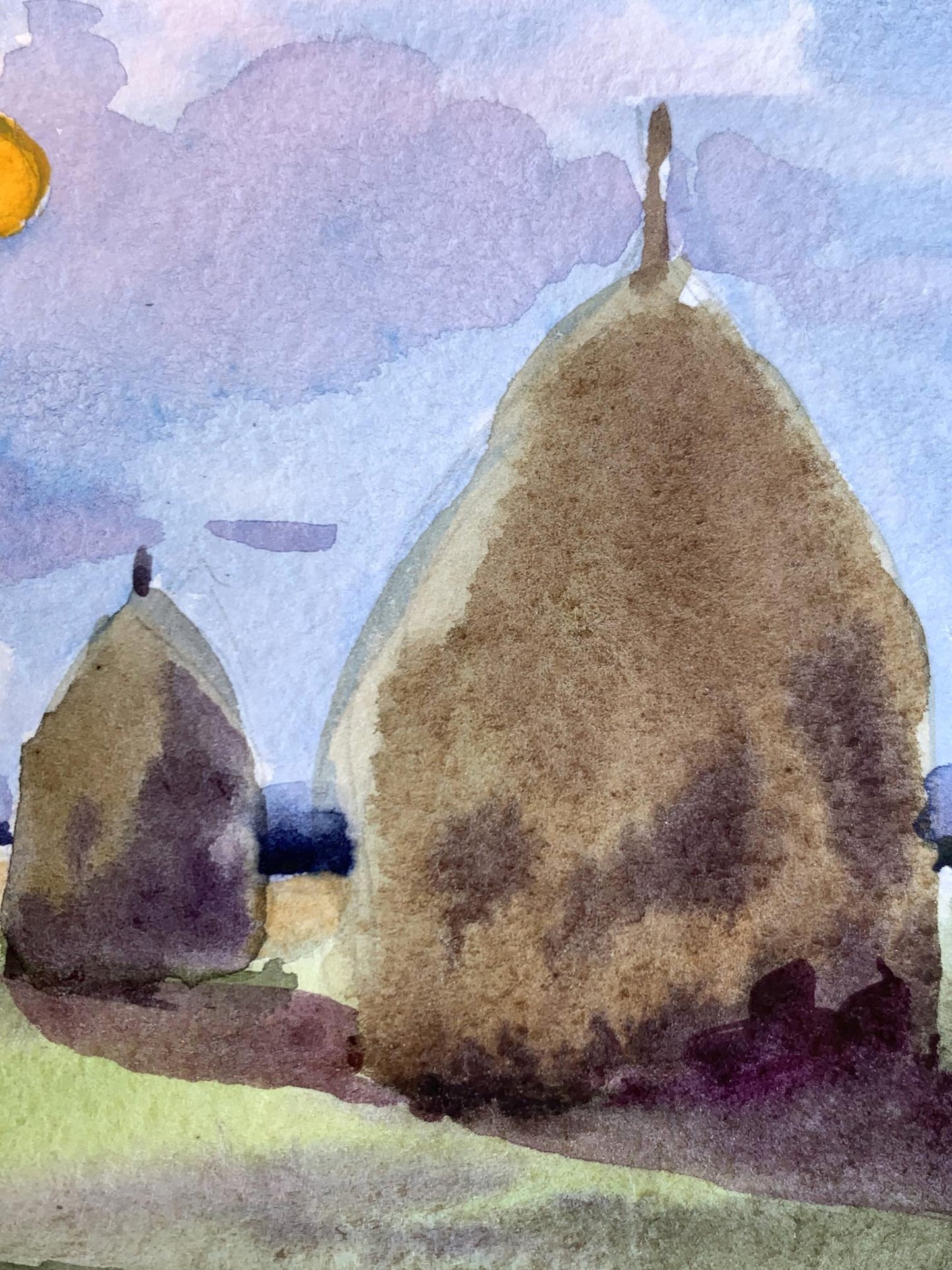 Watercolor painting Haystacks in a field Svetlana Gramm