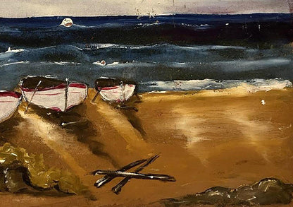 Oil painting Boats on the shore Unknown artist