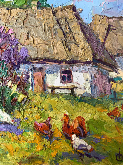 Oil painting Chickens grazing in the yard Oksana Ivanyuk