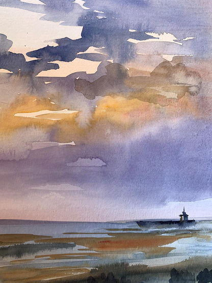 Watercolor painting Sunset sun in the sea Svetlana Gramm