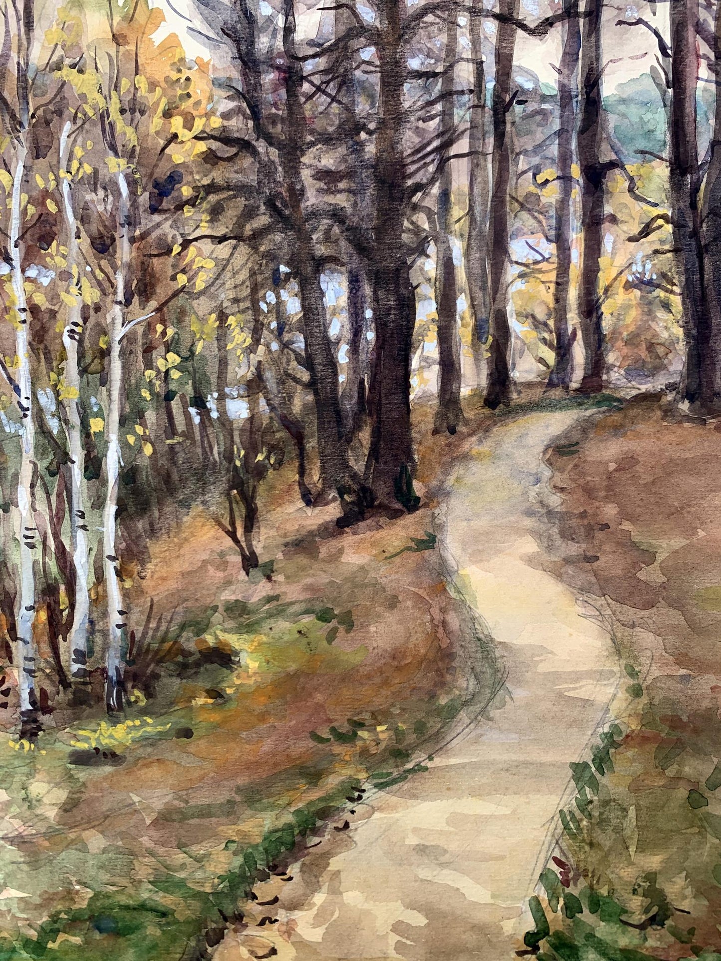 Watercolor painting Path in the autumn forest O. Umansky