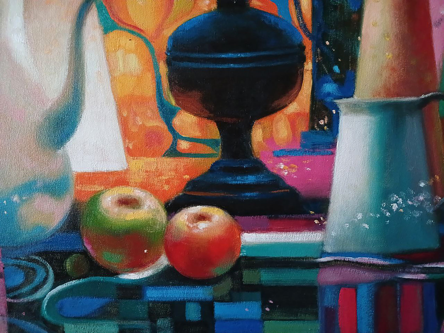 Oil painting Lamps and apples on the table Anatoly Tarabanov