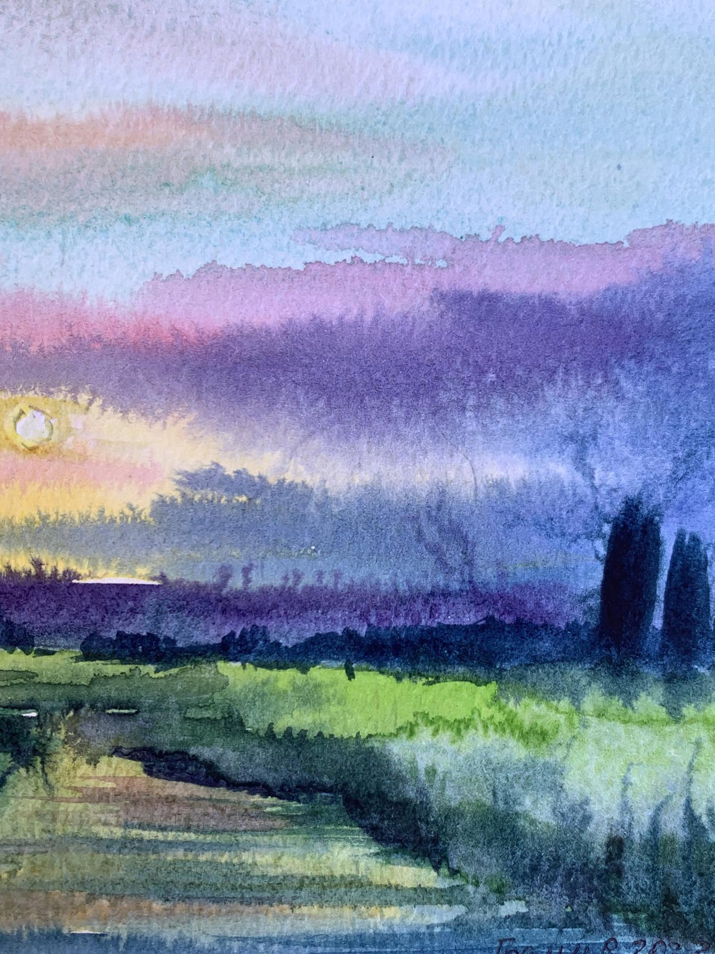 Watercolor painting Sun behind the clouds Svetlana Gramm