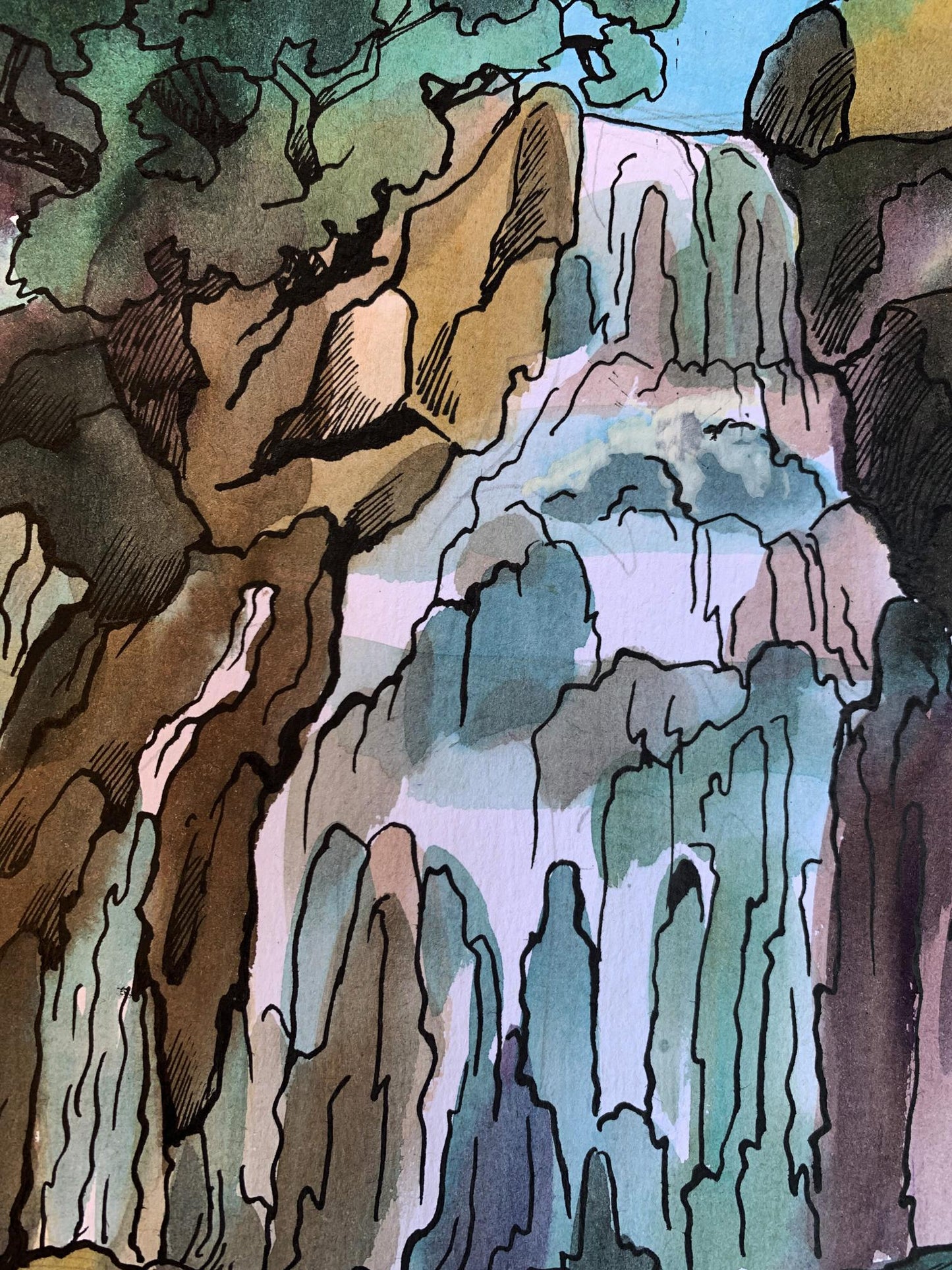 Watercolor painting Mountain waterfall Svetlana Gramm