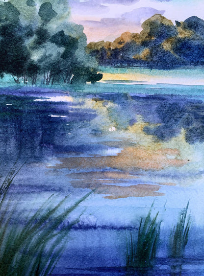 Watercolor painting Cool evening by the river Svetlana Gramm