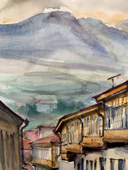 Watercolor painting Busy city street Unknown artist