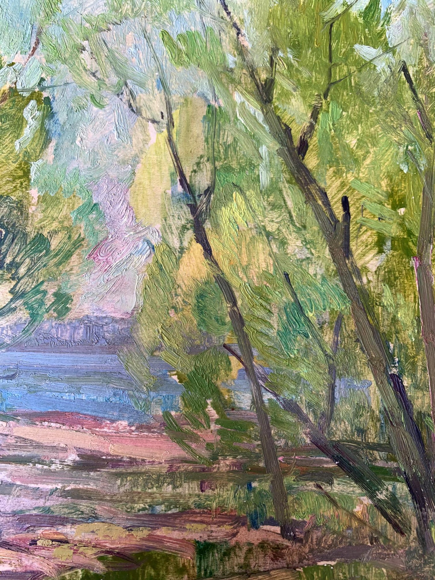 Oil painting Green trees by the river Peter Dobrev