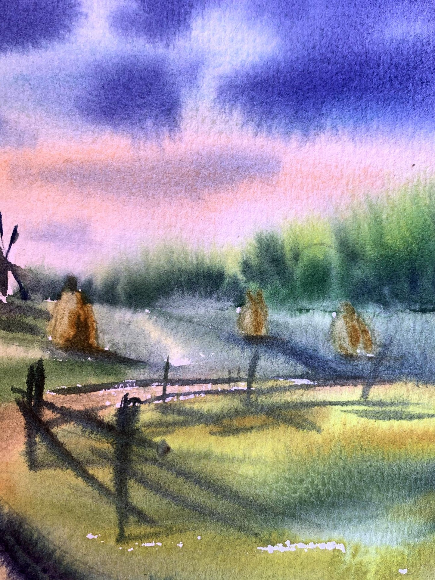 Watercolor painting Windmills and haystacks Svetlana Gramm