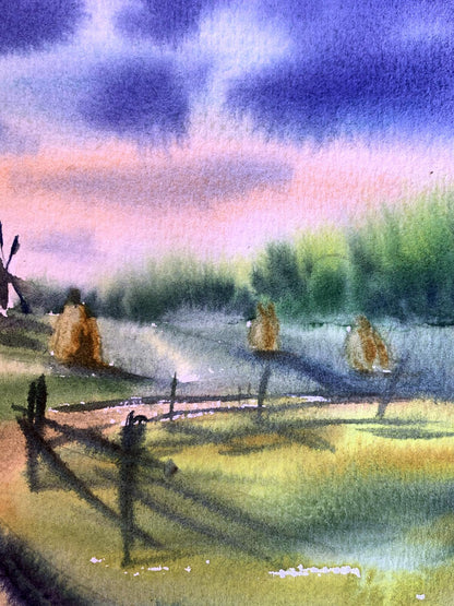 Watercolor painting Windmills and haystacks Svetlana Gramm