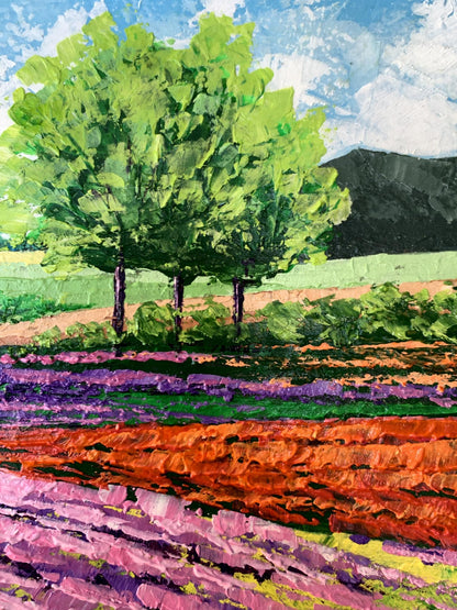 Oil painting Flower fields near the mountains V. Zadorozhnya