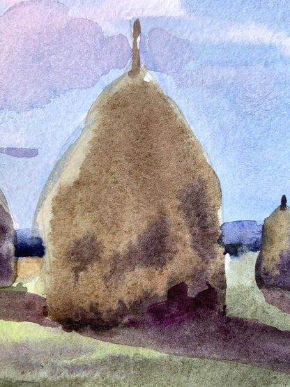 Watercolor painting Haystacks in a field Svetlana Gramm