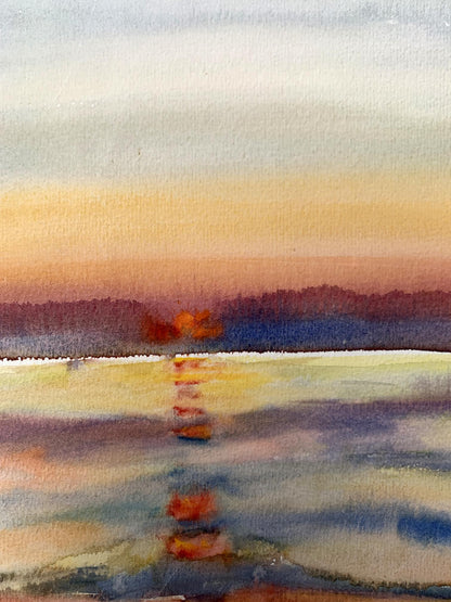 Watercolor painting Reflection of the sun in the sea Unknown artist