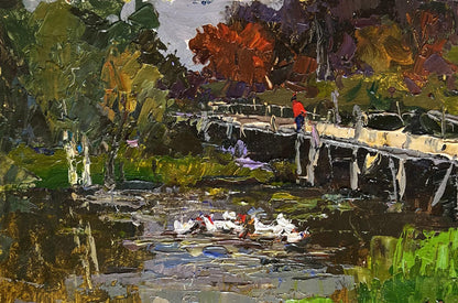 Oil painting Ducks on the lake near the bridge Oksana Ivanyuk
