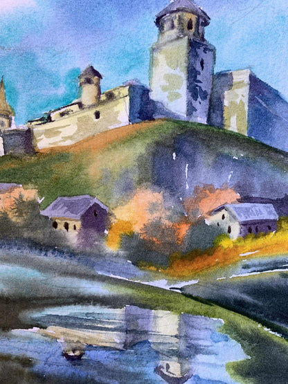 Watercolor painting Castle and village Svetlana Gramm