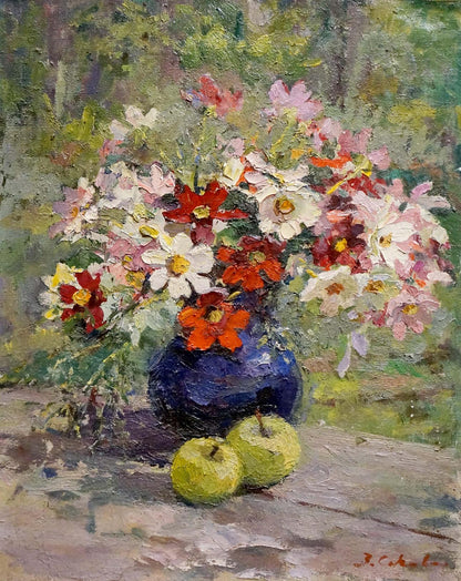 Oil painting Bouquet of flowers with apples Sokolova Zinaida Ivanovna