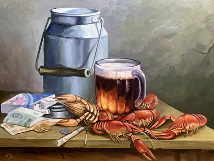 Oil painting Beer and crayfish Unknown artist