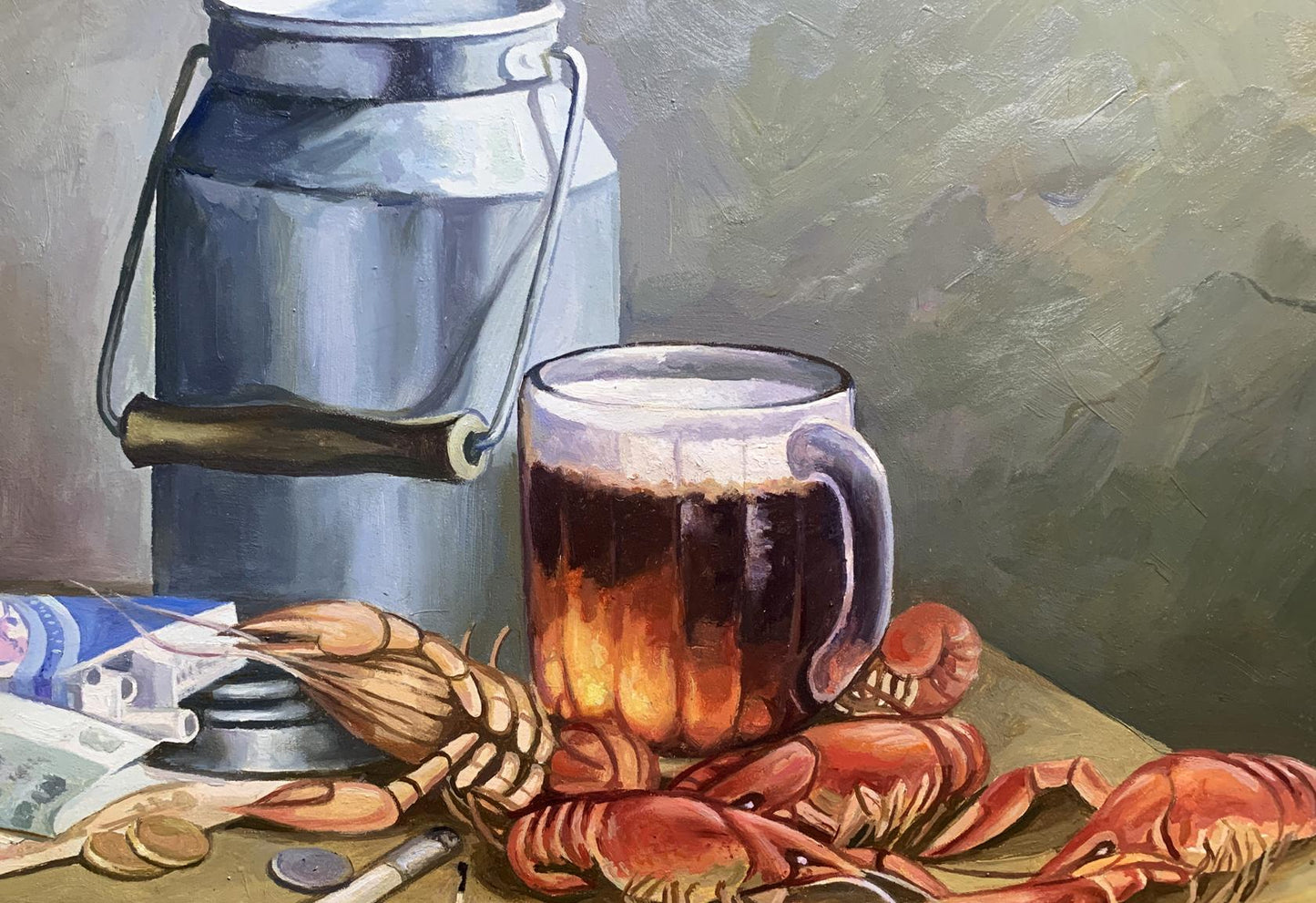 Oil painting Beer and crayfish Unknown artist