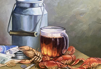 Oil painting Beer and crayfish Unknown artist