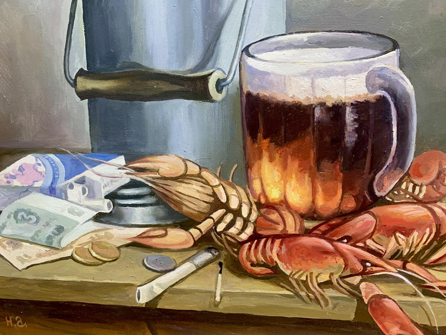 Oil painting Beer and crayfish Unknown artist