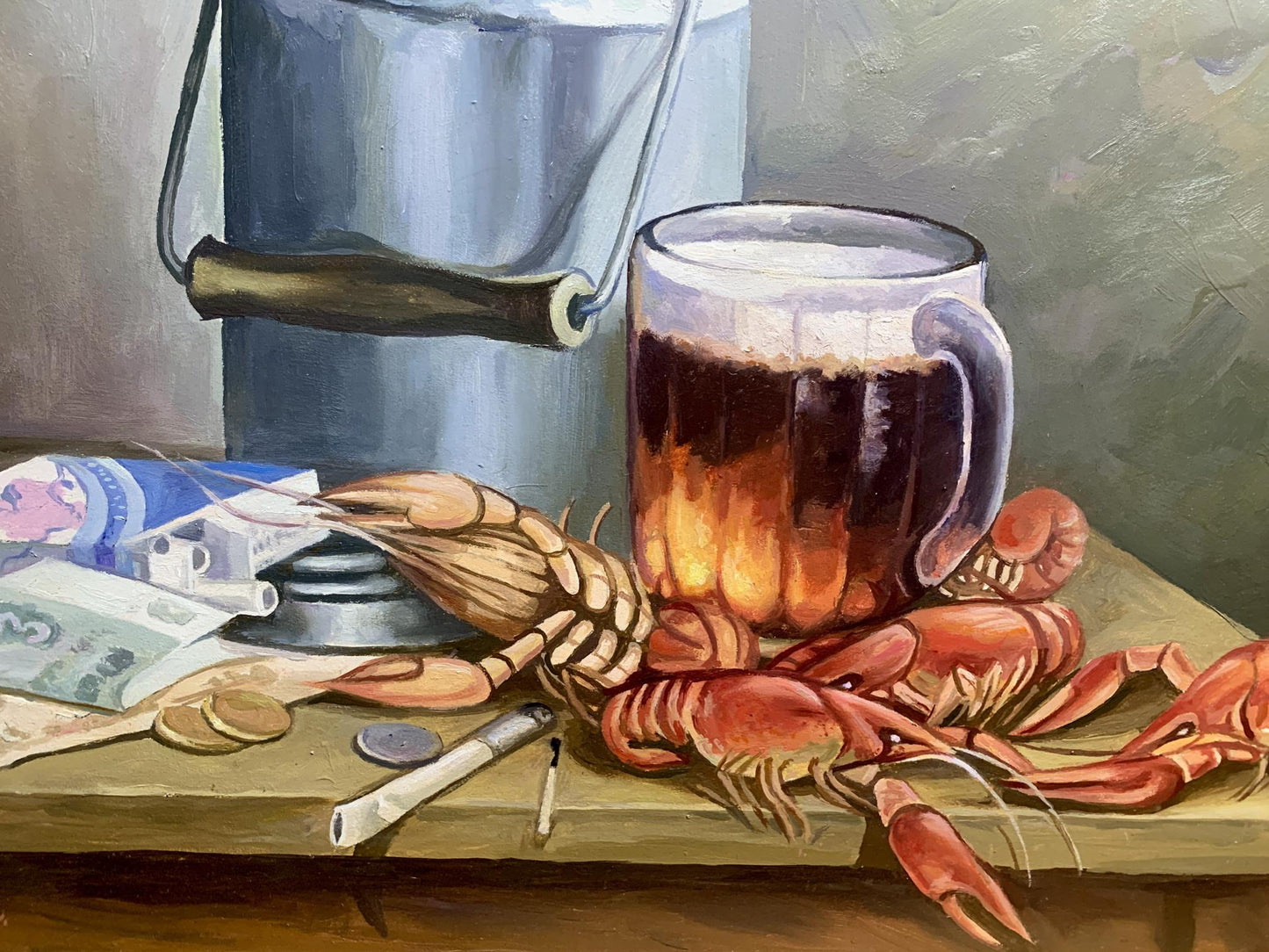 Oil painting Beer and crayfish Unknown artist