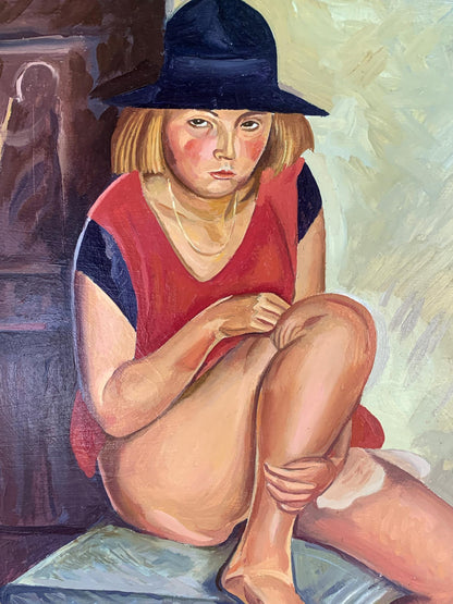 Oil painting The Girl in a Black Hat and red dress by Witstor Konotopsky