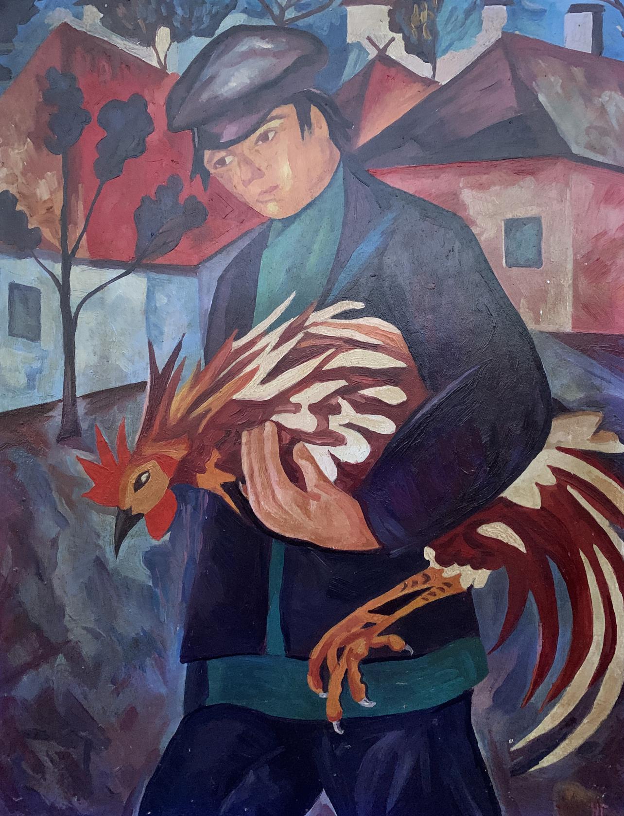 Oil painting Man with a rooster V. Konotopsky