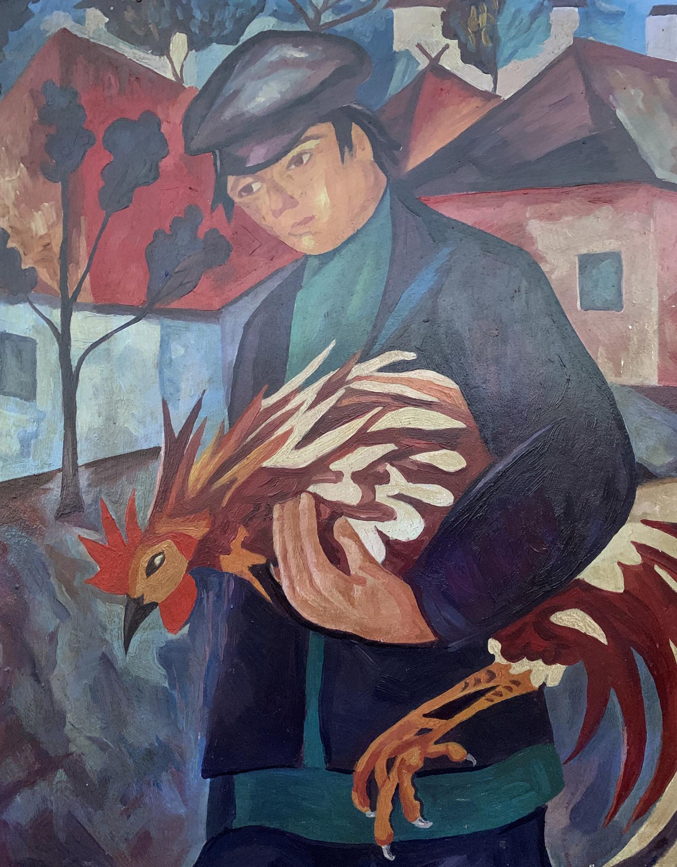 Oil painting Man with a rooster V. Konotopsky