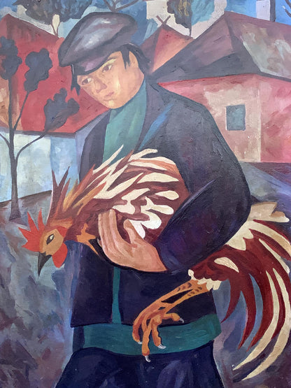 Oil painting Man with a rooster V. Konotopsky