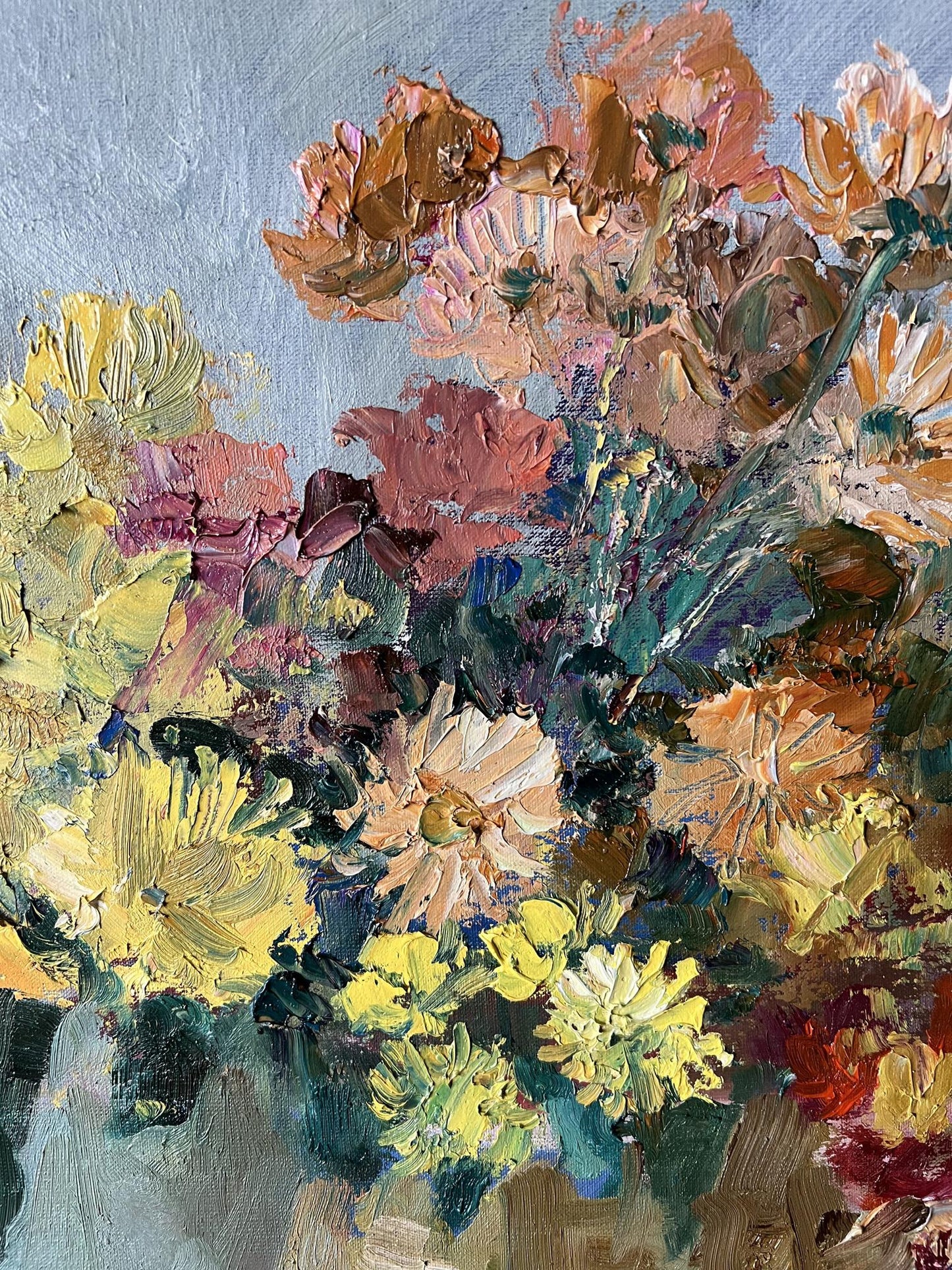 Oil painting Chrysanthemums still life  