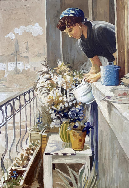 Oil painting On the balcony V. Konotopsky