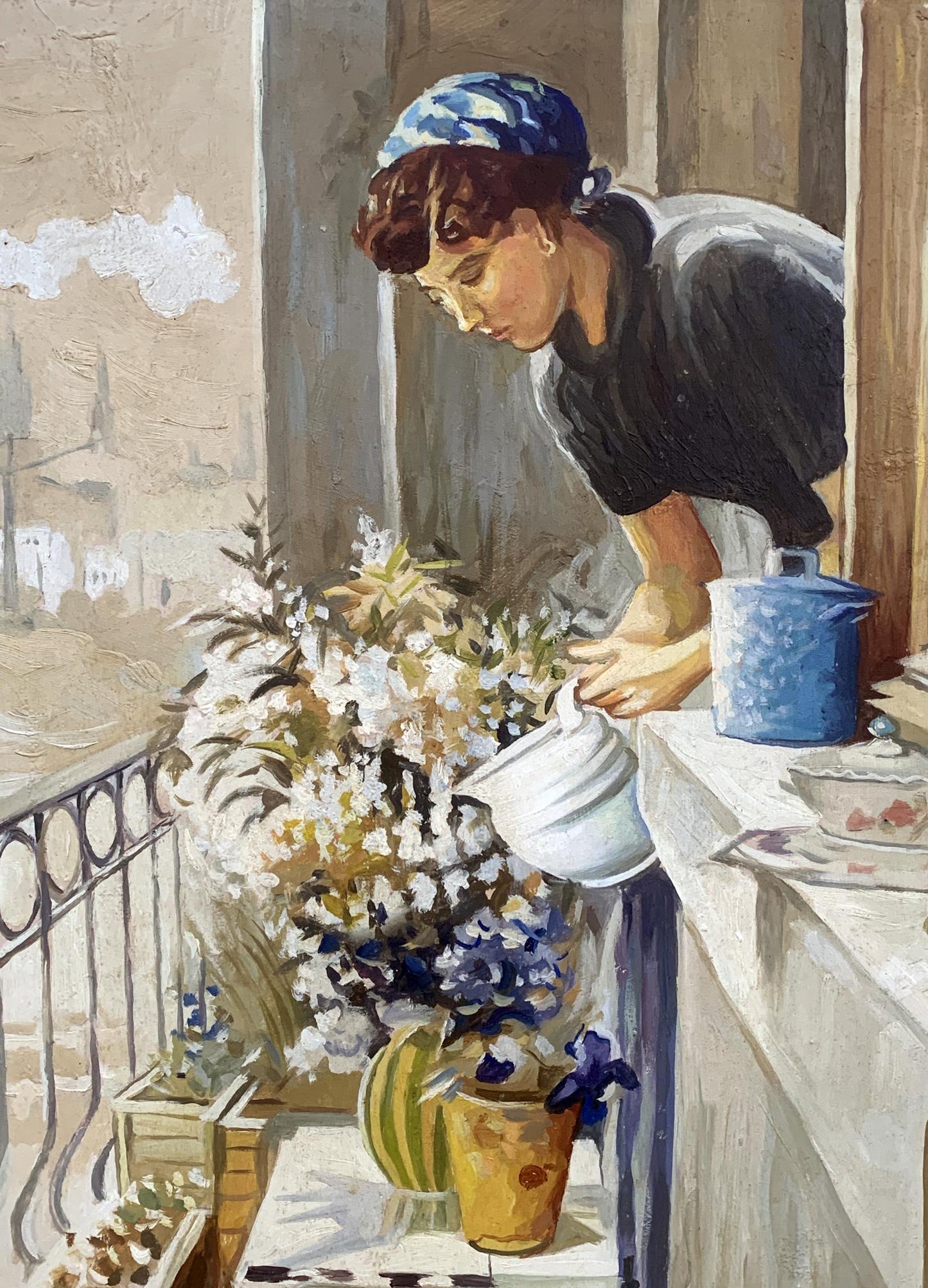 Oil painting On the balcony V. Konotopsky