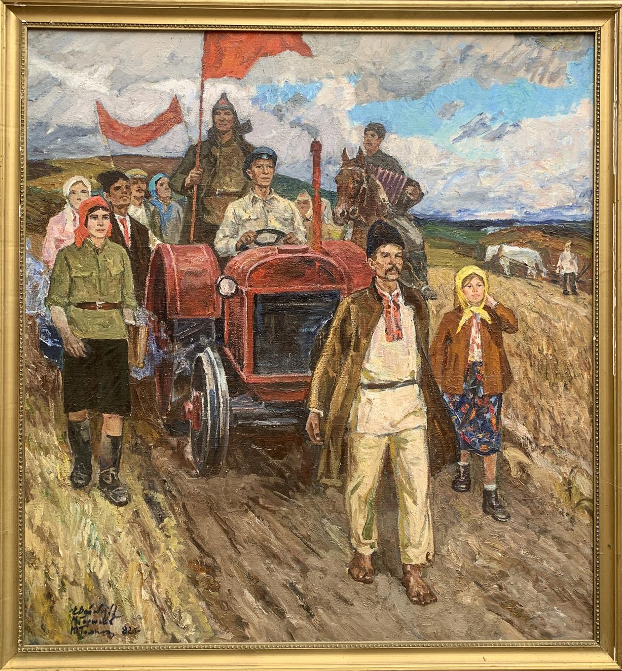 Oil painting First tractor Weissburg Efim Efimovich