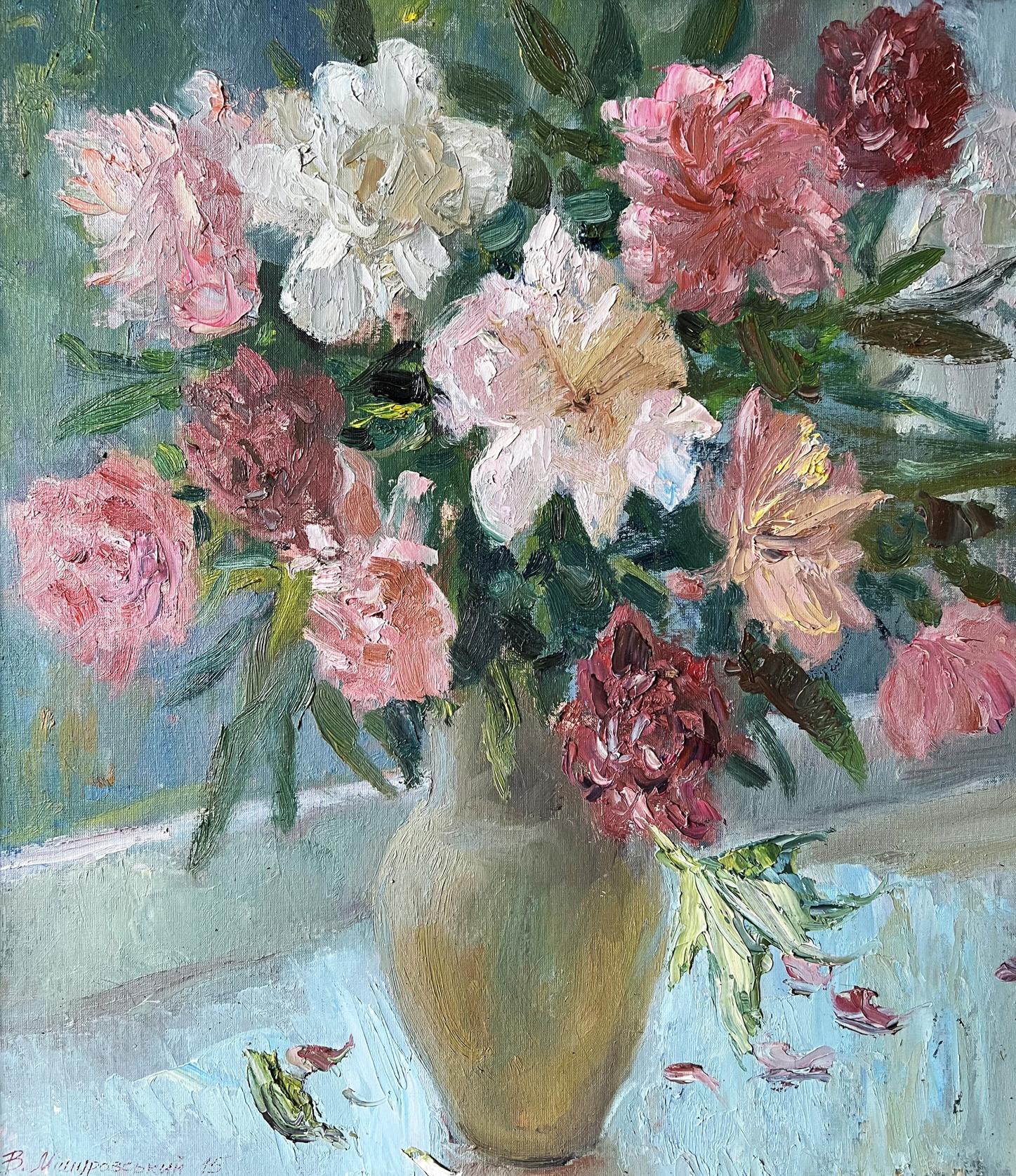 Oil painting Peonies on the windowsill V. Mishurovsky