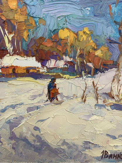 Winter's Glow depicted in oil by Oksana Ivanyuk, featuring the sun's rays