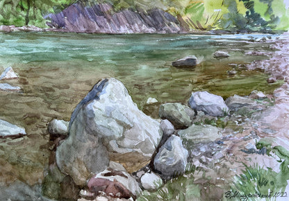 Watercolor painting Stones in the river V. Mishurovsky