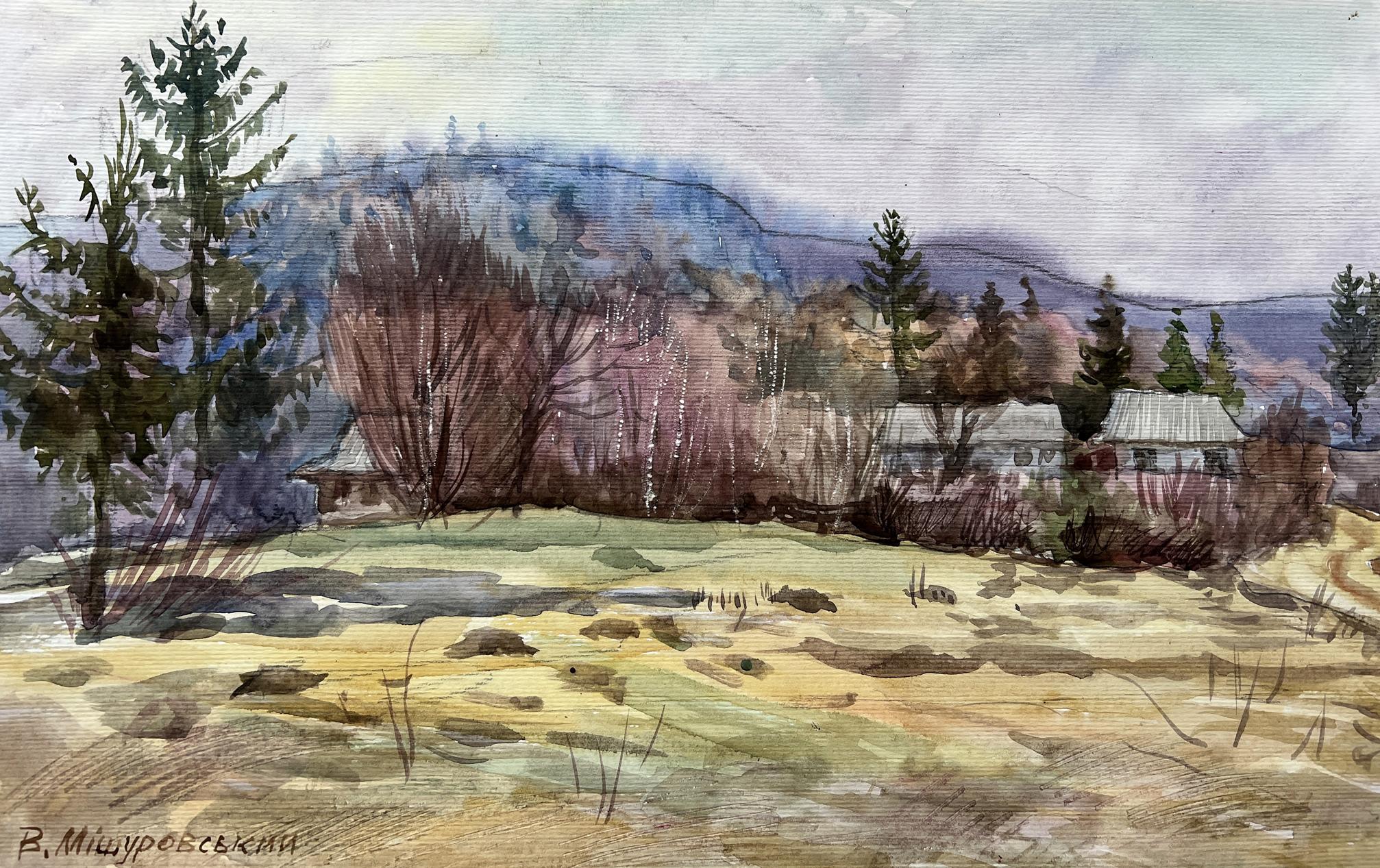 Watercolor painting A village in the mountains V. Mishurovsky